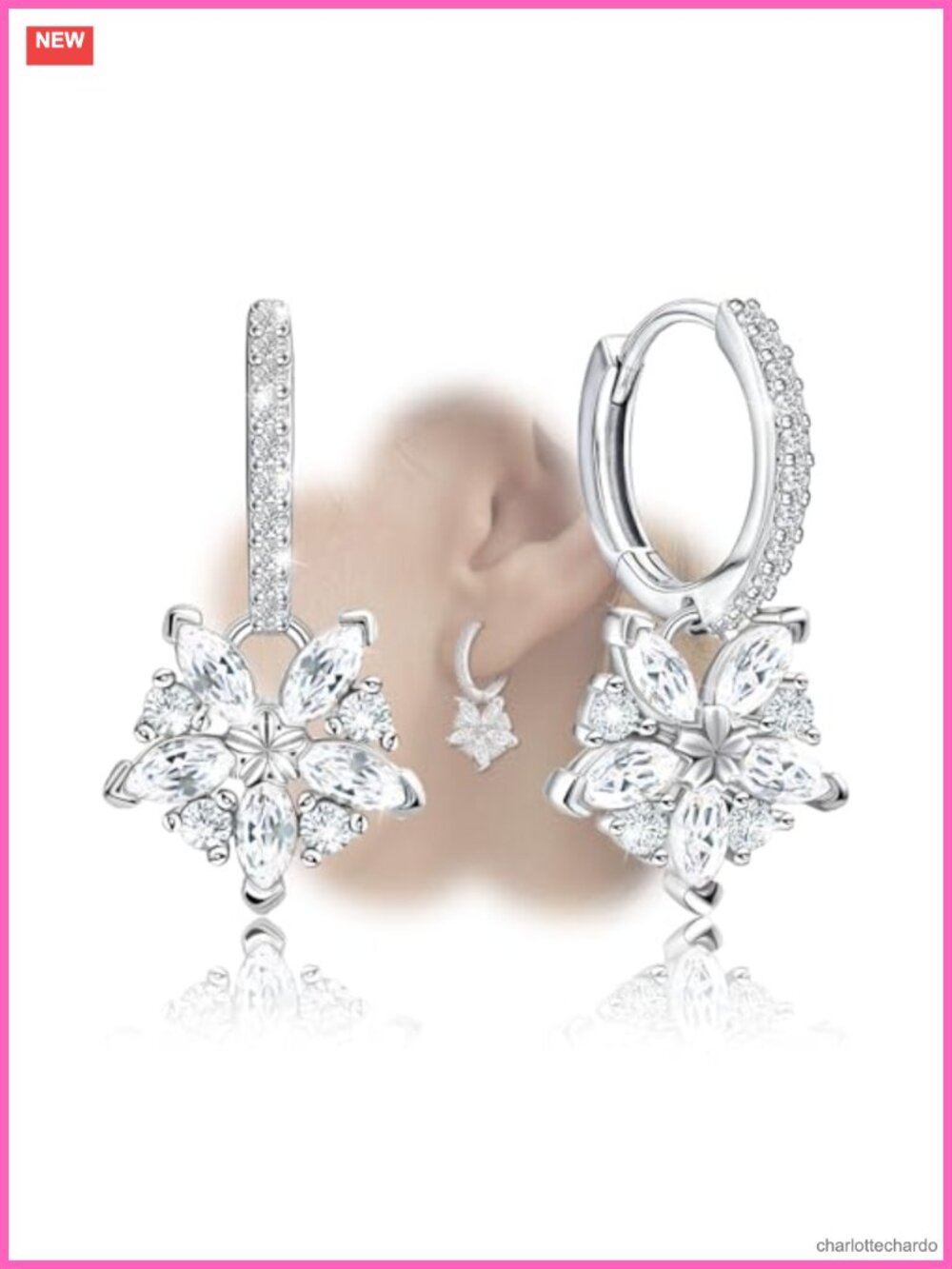 Sterling Silver Dangle Hoop Earrings CZ Hypoallergenic White Gold Plated